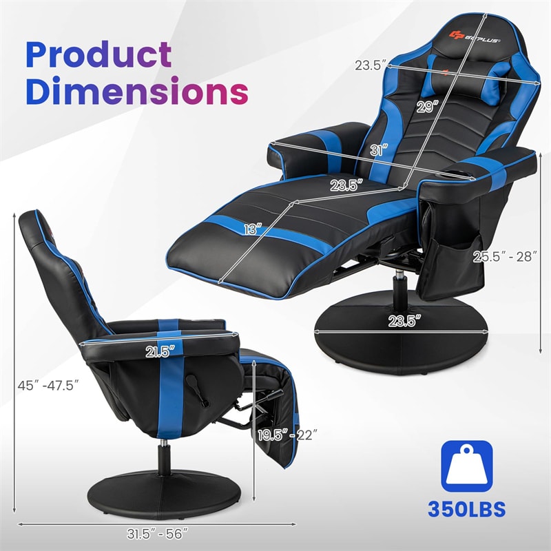Massage Gaming Recliner Chair w/ Retractable Footrest & Cup Holder, Height Adjustable Racing Style Swivel Video Game Chair Home Theater Seating