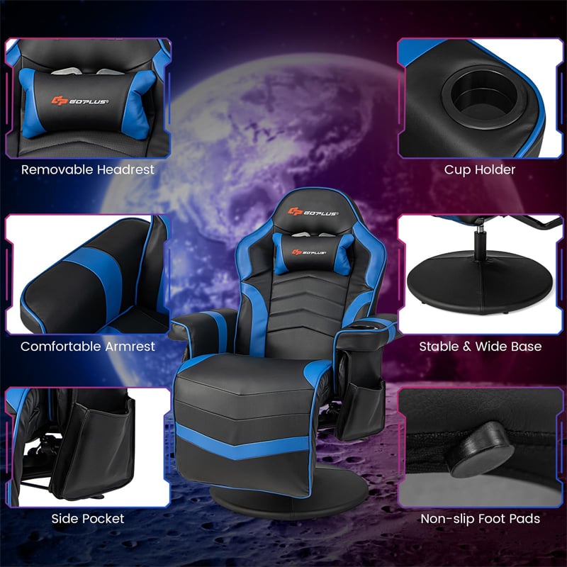 Massage Gaming Recliner Chair w/ Retractable Footrest & Cup Holder, Height Adjustable Racing Style Swivel Video Game Chair Home Theater Seating