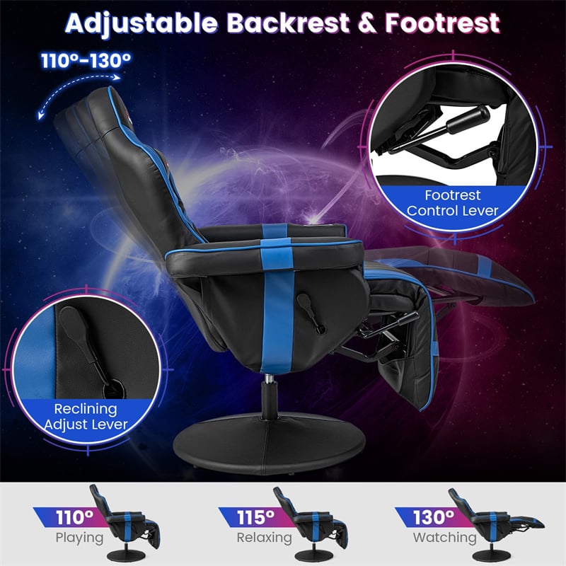 Massage Gaming Recliner Chair w/ Retractable Footrest & Cup Holder, Height Adjustable Racing Style Swivel Video Game Chair Home Theater Seating
