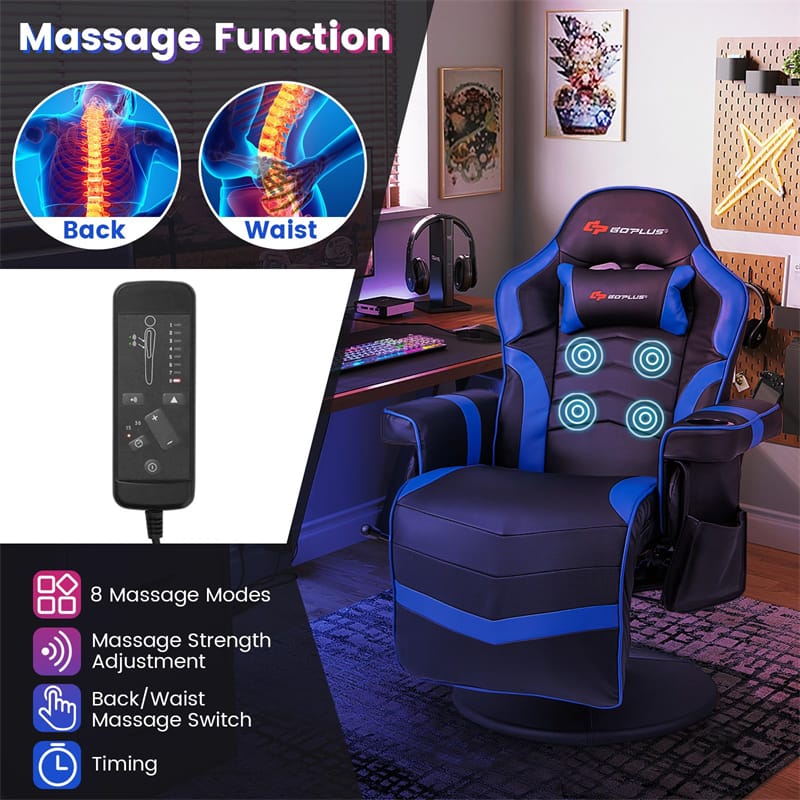 Massage Gaming Recliner Chair w/ Retractable Footrest & Cup Holder, Height Adjustable Racing Style Swivel Video Game Chair Home Theater Seating
