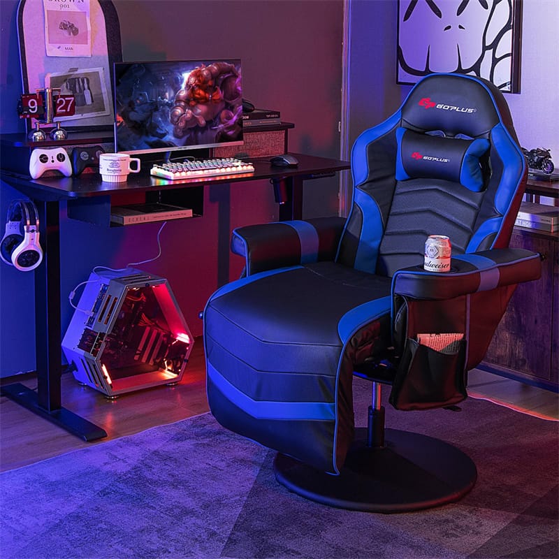 Massage Gaming Recliner Chair w/ Retractable Footrest & Cup Holder, Height Adjustable Racing Style Swivel Video Game Chair Home Theater Seating