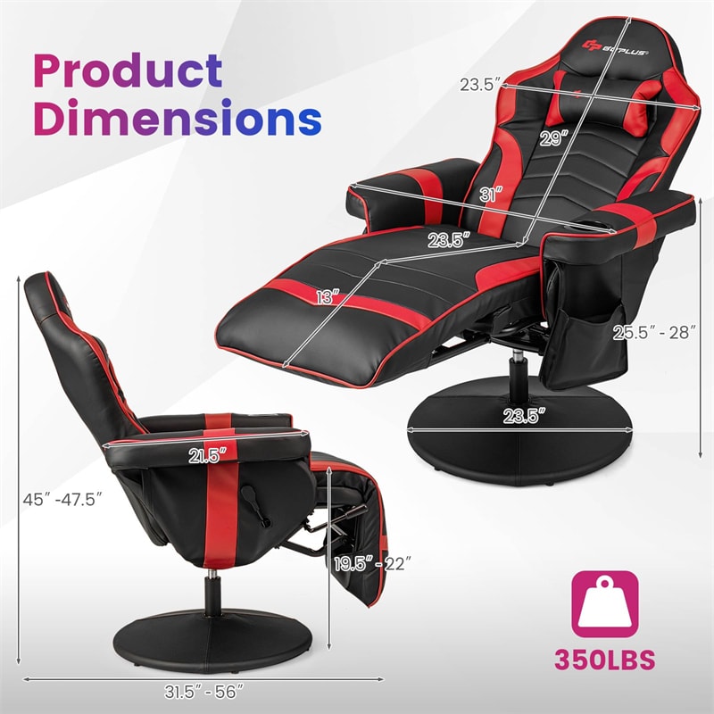 Massage Gaming Recliner Chair w/ Retractable Footrest & Cup Holder, Height Adjustable Racing Style Swivel Video Game Chair Home Theater Seating