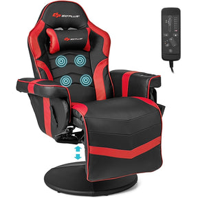 Massage Gaming Recliner Chair w/ Retractable Footrest & Cup Holder, Height Adjustable Racing Style Swivel Video Game Chair Home Theater Seating