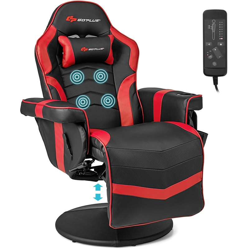Massage Gaming Recliner Chair w/ Retractable Footrest & Cup Holder, Height Adjustable Racing Style Swivel Video Game Chair Home Theater Seating