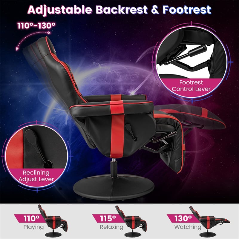 Massage Gaming Recliner Chair w/ Retractable Footrest & Cup Holder, Height Adjustable Racing Style Swivel Video Game Chair Home Theater Seating