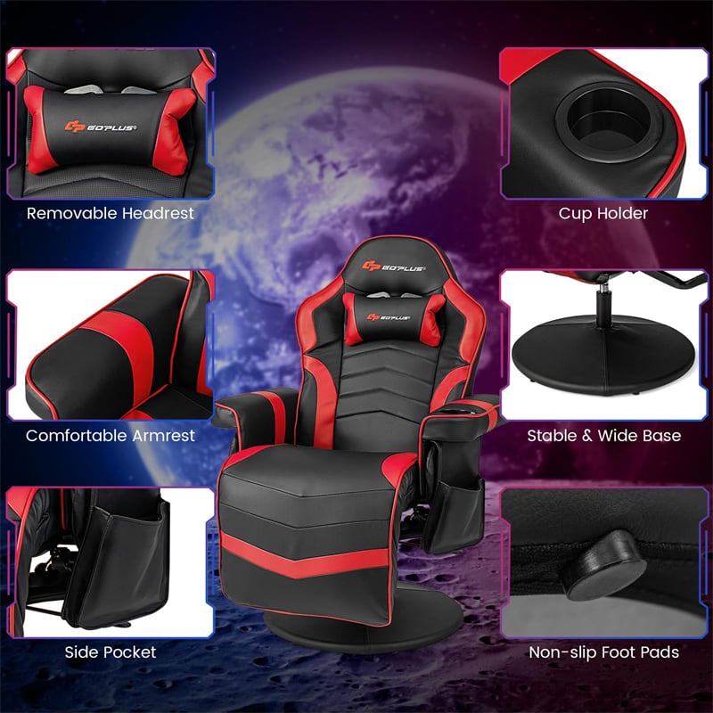 Massage Gaming Recliner Chair w/ Retractable Footrest & Cup Holder, Height Adjustable Racing Style Swivel Video Game Chair Home Theater Seating