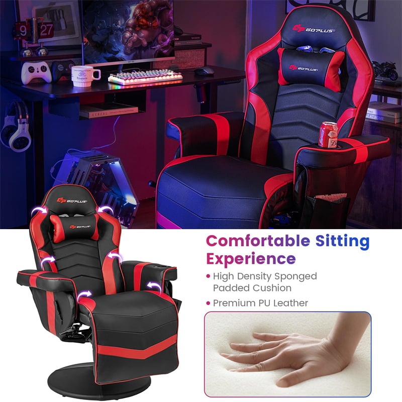 Massage Gaming Recliner Chair w/ Retractable Footrest & Cup Holder, Height Adjustable Racing Style Swivel Video Game Chair Home Theater Seating