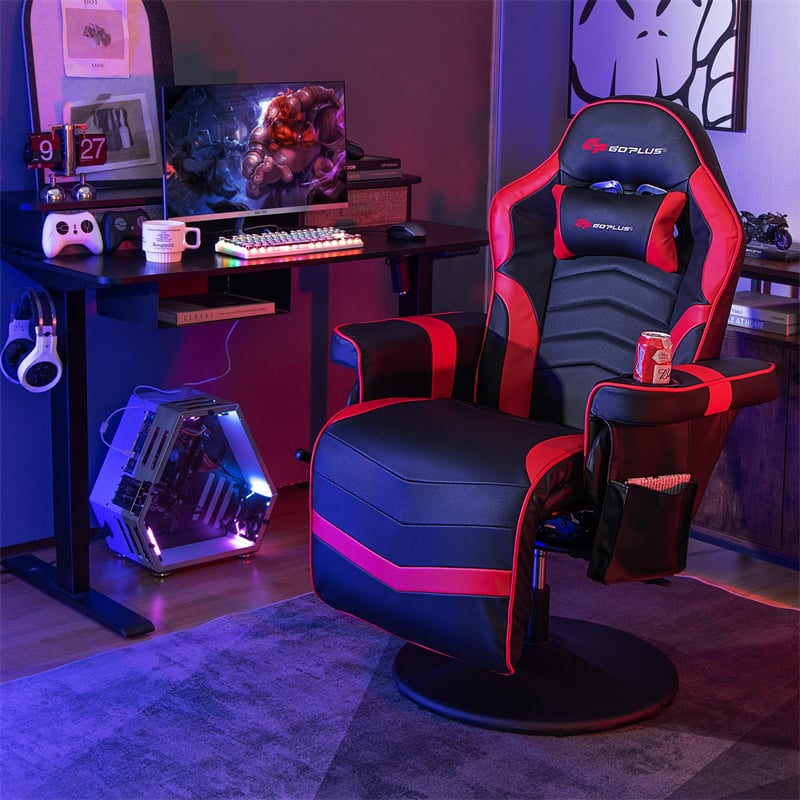 Massage Gaming Recliner Chair w/ Retractable Footrest & Cup Holder, Height Adjustable Racing Style Swivel Video Game Chair Home Theater Seating