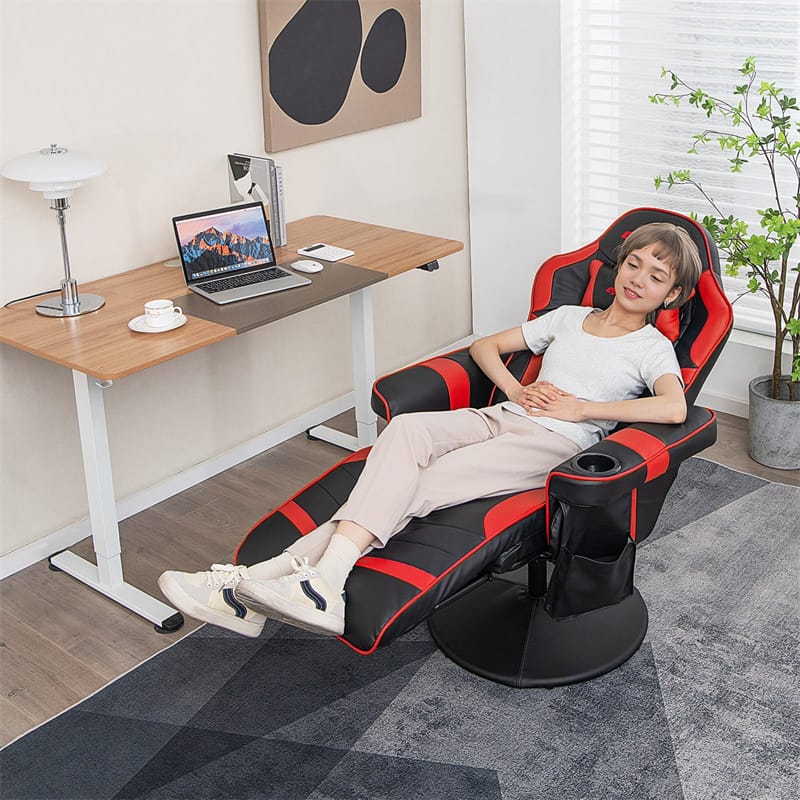 Massage Gaming Recliner Chair w/ Retractable Footrest & Cup Holder, Height Adjustable Racing Style Swivel Video Game Chair Home Theater Seating