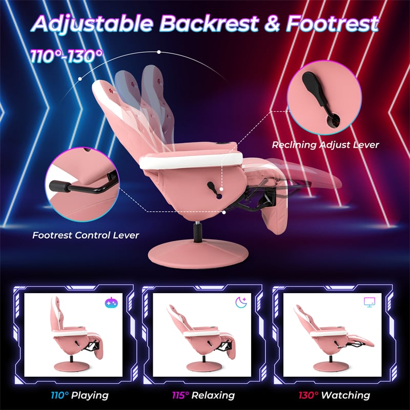 Massage Gaming Recliner Chair w/ Retractable Footrest & Cup Holder, Height Adjustable Racing Style Swivel Video Game Chair Home Theater Seating