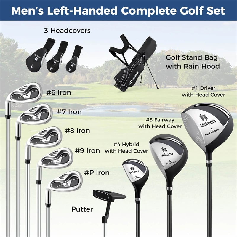 Men's Left-Handed Complete Golf Clubs Set, 10 Pieces Golf Club Package Set with 460CC Driver, Fairway Wood, Putter & Lightweight Stand Bag