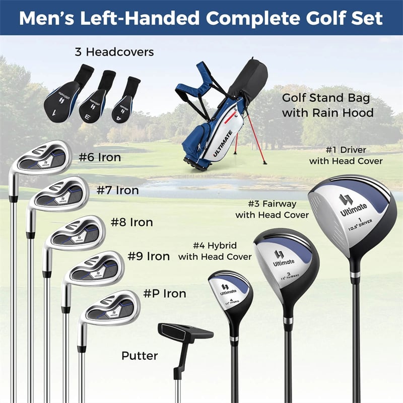 Men's Left-Handed Complete Golf Clubs Set, 10 Pieces Golf Club Package Set with 460CC Driver, Fairway Wood, Putter & Lightweight Stand Bag