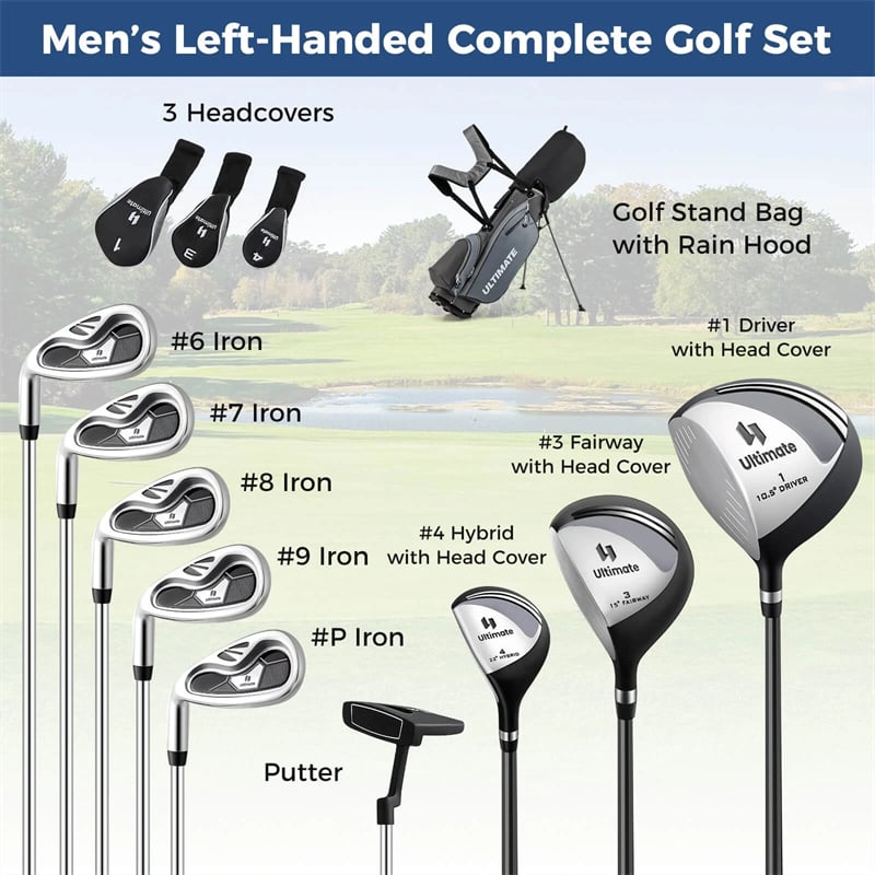 Men's Left-Handed Complete Golf Clubs Set, 10 Pieces Golf Club Package Set with 460CC Driver, Fairway Wood, Putter & Lightweight Stand Bag