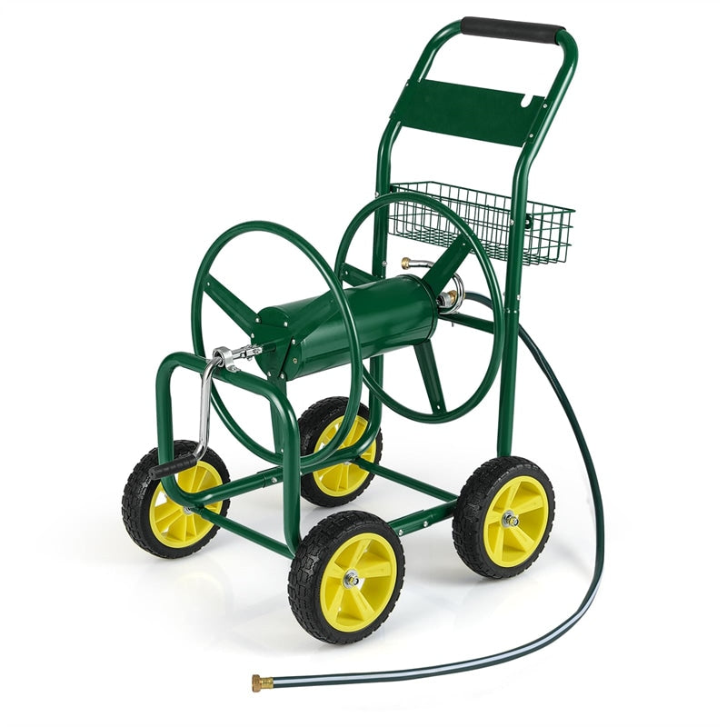 Heavy Duty Metal Garden Hose Reel Cart Holds 300FT of 5/8" Hose with 4 Wheels & Storage Basket, Portable Water Hose Organizer for Yard Lawn