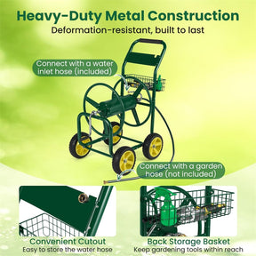 Heavy Duty Metal Garden Hose Reel Cart Holds 300FT of 5/8" Hose with 4 Wheels & Storage Basket, Portable Water Hose Organizer for Yard Lawn