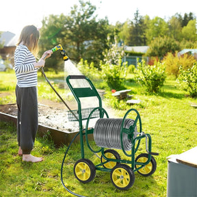 Heavy Duty Metal Garden Hose Reel Cart Holds 300FT of 5/8" Hose with 4 Wheels & Storage Basket, Portable Water Hose Organizer for Yard Lawn