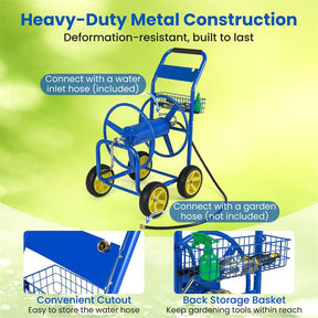 Heavy Duty Metal Garden Hose Reel Cart Holds 300FT of 5/8" Hose with 4 Wheels & Storage Basket, Portable Water Hose Organizer for Yard Lawn