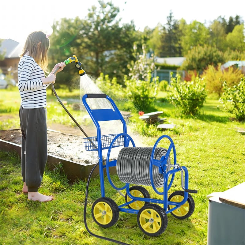 Heavy Duty Metal Garden Hose Reel Cart Holds 300FT of 5/8" Hose with 4 Wheels & Storage Basket, Portable Water Hose Organizer for Yard Lawn