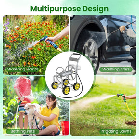 Heavy Duty Metal Garden Hose Reel Cart Holds 300FT of 5/8" Hose with 4 Wheels & Storage Basket, Portable Water Hose Organizer for Yard Lawn