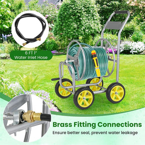 Heavy Duty Metal Garden Hose Reel Cart Holds 300FT of 5/8" Hose with 4 Wheels & Storage Basket, Portable Water Hose Organizer for Yard Lawn