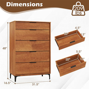 Mid Century Modern 5-Drawer Dresser, Wooden Chest of Drawers with Interlock System, Anti-Tip Kit & Metal Legs for Bedroom, Living Room, Hallway