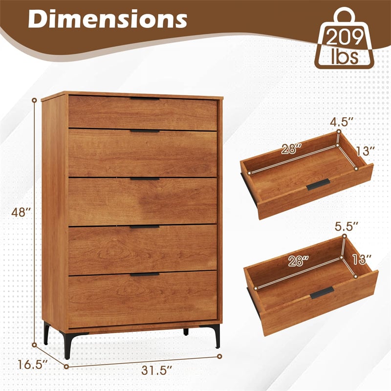 Mid Century Modern 5-Drawer Dresser, Wooden Chest of Drawers with Interlock System, Anti-Tip Kit & Metal Legs for Bedroom, Living Room, Hallway