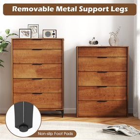 Mid Century Modern 5-Drawer Dresser, Wooden Chest of Drawers with Interlock System, Anti-Tip Kit & Metal Legs for Bedroom, Living Room, Hallway
