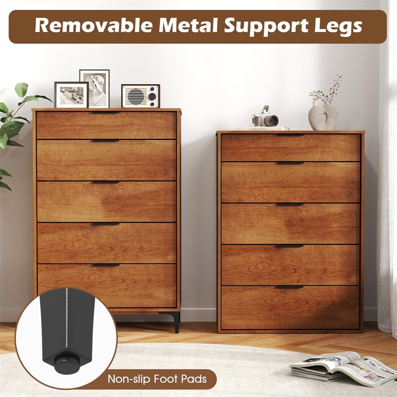 Mid Century Modern 5-Drawer Dresser, Wooden Chest of Drawers with Interlock System, Anti-Tip Kit & Metal Legs for Bedroom, Living Room, Hallway