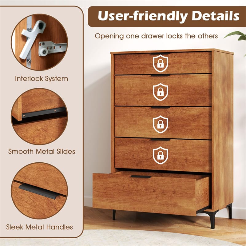 Mid Century Modern 5-Drawer Dresser, Wooden Chest of Drawers with Interlock System, Anti-Tip Kit & Metal Legs for Bedroom, Living Room, Hallway