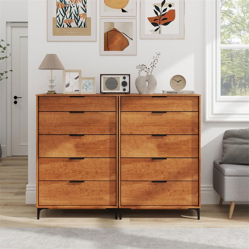 Mid Century Modern 5-Drawer Dresser, Wooden Chest of Drawers with Interlock System, Anti-Tip Kit & Metal Legs for Bedroom, Living Room, Hallway