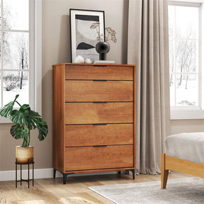 Mid Century Modern 5-Drawer Dresser, Wooden Chest of Drawers with Interlock System, Anti-Tip Kit & Metal Legs for Bedroom, Living Room, Hallway