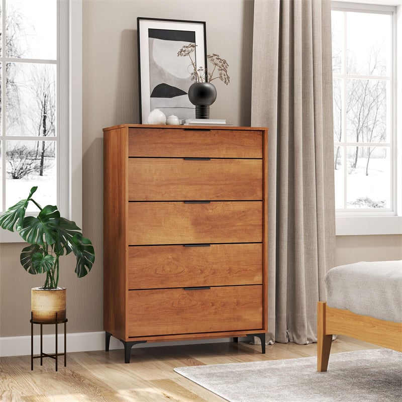 Mid Century Modern 5-Drawer Dresser, Wooden Chest of Drawers with Interlock System, Anti-Tip Kit & Metal Legs for Bedroom, Living Room, Hallway