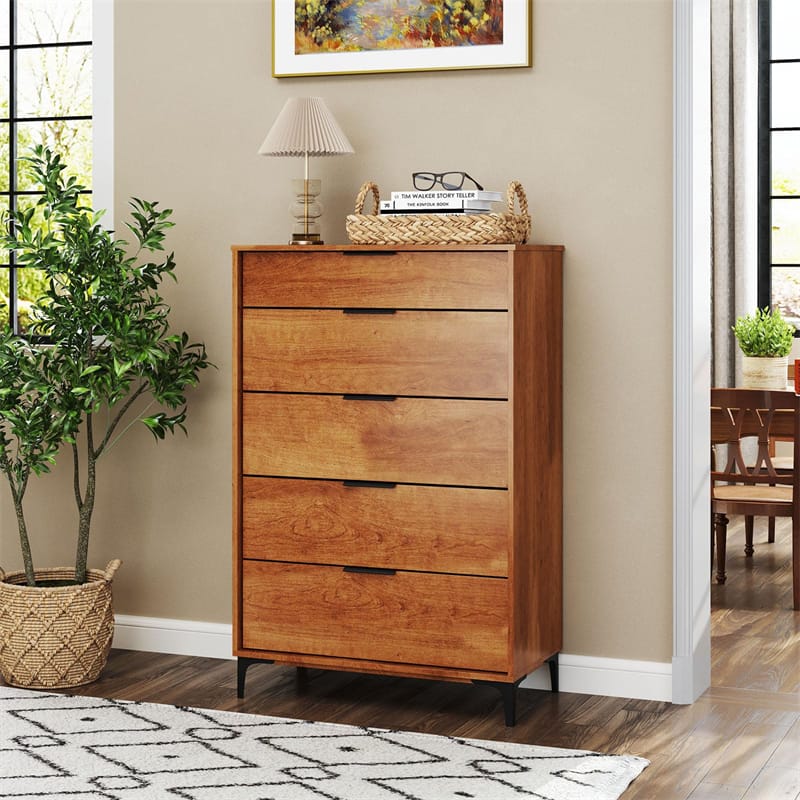 Mid Century Modern 5-Drawer Dresser, Wooden Chest of Drawers with Interlock System, Anti-Tip Kit & Metal Legs for Bedroom, Living Room, Hallway