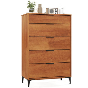 Mid Century Modern 5-Drawer Dresser, Wooden Chest of Drawers with Interlock System, Anti-Tip Kit & Metal Legs for Bedroom, Living Room, Hallway