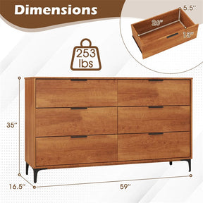 Mid-Century Modern 6-Drawer Dresser, Wooden Chest of Drawers with Anti-Tip Interlock System & Metal Legs for Bedroom, Living Room & Hallway