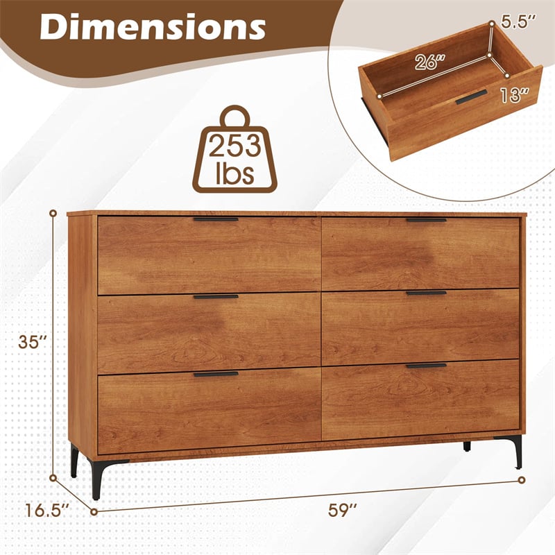 Mid-Century Modern 6-Drawer Dresser, Wooden Chest of Drawers with Anti-Tip Interlock System & Metal Legs for Bedroom, Living Room & Hallway