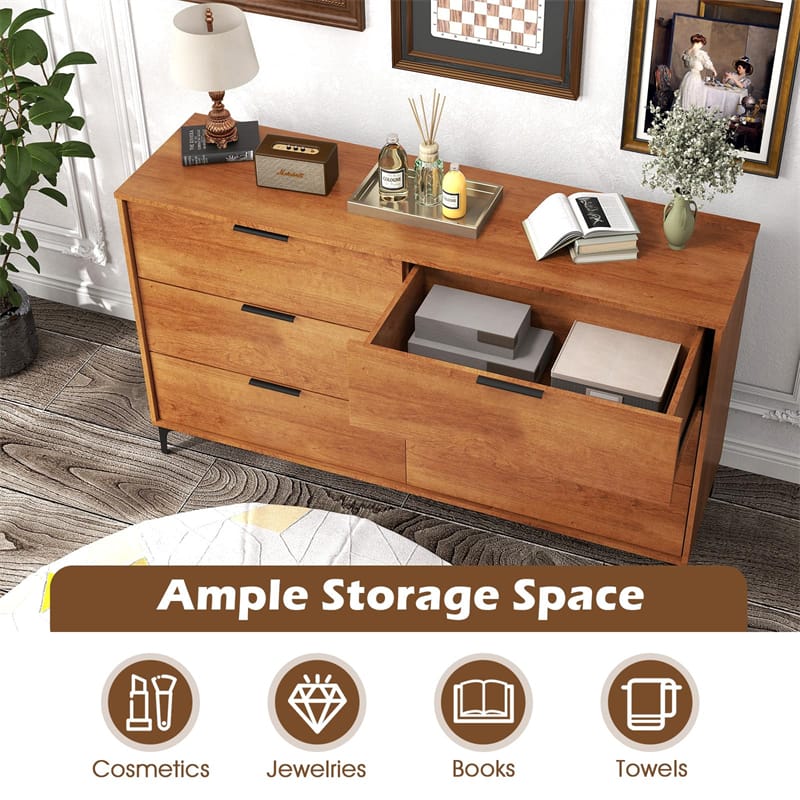 Mid-Century Modern 6-Drawer Dresser, Wooden Chest of Drawers with Anti-Tip Interlock System & Metal Legs for Bedroom, Living Room & Hallway