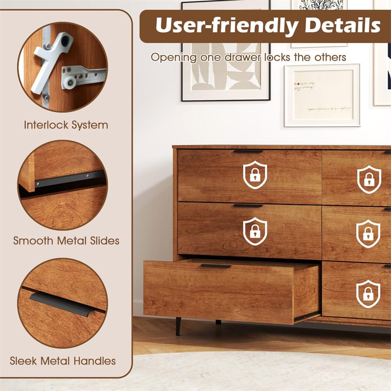 Mid-Century Modern 6-Drawer Dresser, Wooden Chest of Drawers with Anti-Tip Interlock System & Metal Legs for Bedroom, Living Room & Hallway