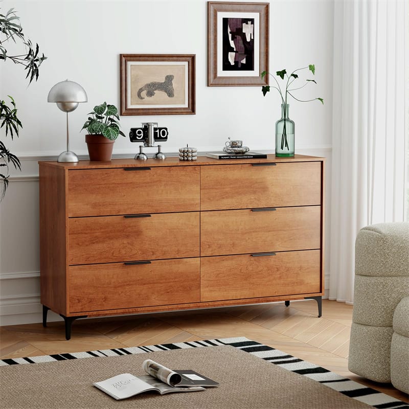 Mid-Century Modern 6-Drawer Dresser, Wooden Chest of Drawers with Anti-Tip Interlock System & Metal Legs for Bedroom, Living Room & Hallway