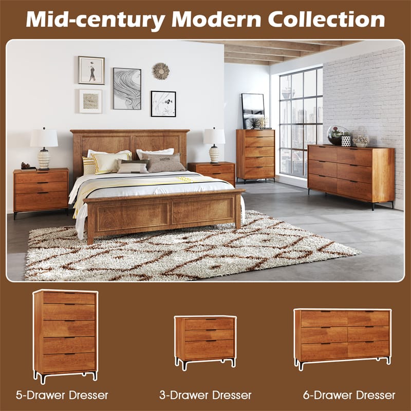 Mid-Century Modern 6-Drawer Dresser, Wooden Chest of Drawers with Anti-Tip Interlock System & Metal Legs for Bedroom, Living Room & Hallway