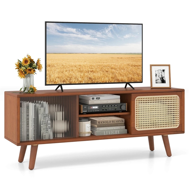 Mid Century Modern TV Stand for TVs up to 55", Bamboo Entertainment Center Media Console with Rattan & Glass Sliding Doors, Adjustable Shelf