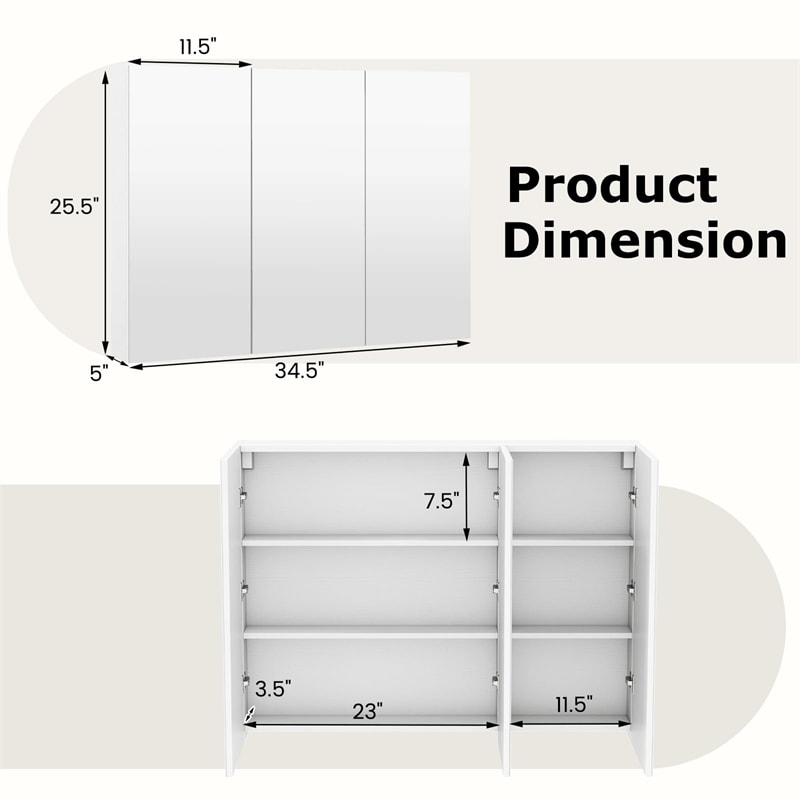 34.5" Wide Mirrored Medicine Cabinet with 3 Doors & Adjustable Shelf, Large Wall Mounted/Recessed Bathroom Storage Cabinet Organizer