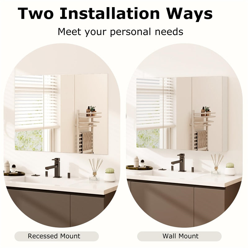 34.5" Wide Mirrored Medicine Cabinet with 3 Doors & Adjustable Shelf, Large Wall Mounted/Recessed Bathroom Storage Cabinet Organizer