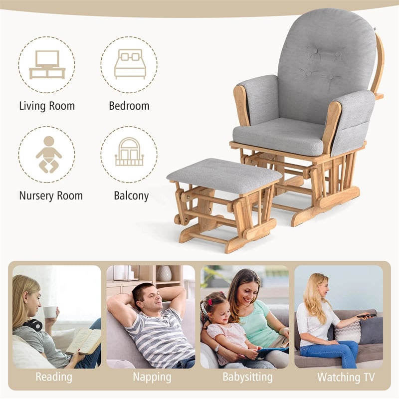 Nursery Glider & Ottoman Set, Upholstered Baby Glider Rocker Chair with Cushion, Storage Pocket, Solid Wood Base for Breastfeeding Napping