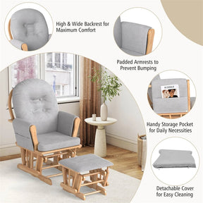 Nursery Glider & Ottoman Set, Upholstered Baby Glider Rocker Chair with Cushion, Storage Pocket, Solid Wood Base for Breastfeeding Napping