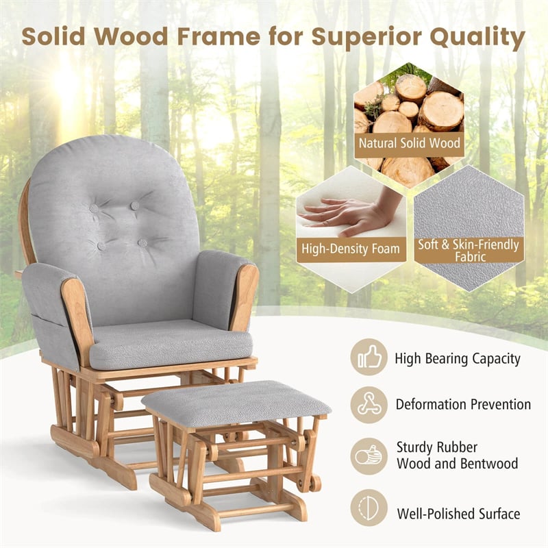 Nursery Glider & Ottoman Set, Upholstered Baby Glider Rocker Chair with Cushion, Storage Pocket, Solid Wood Base for Breastfeeding Napping