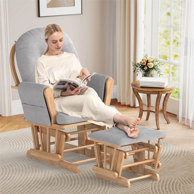 Nursery Glider & Ottoman Set, Upholstered Baby Glider Rocker Chair with Cushion, Storage Pocket, Solid Wood Base for Breastfeeding Napping