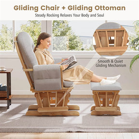 Nursery Glider & Ottoman Set, Upholstered Baby Glider Rocker Chair with Cushion, Storage Pocket, Solid Wood Base for Breastfeeding Napping