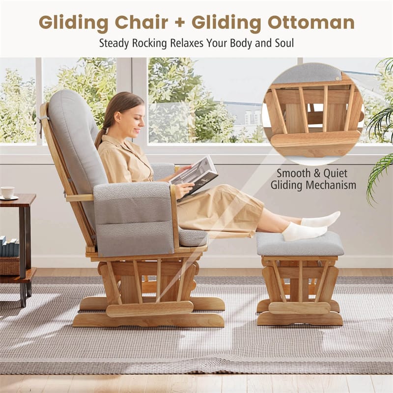 Nursery Glider & Ottoman Set, Upholstered Baby Glider Rocker Chair with Cushion, Storage Pocket, Solid Wood Base for Breastfeeding Napping