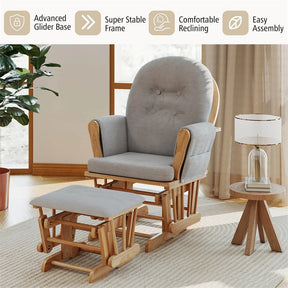 Nursery Glider & Ottoman Set, Upholstered Baby Glider Rocker Chair with Cushion, Storage Pocket, Solid Wood Base for Breastfeeding Napping